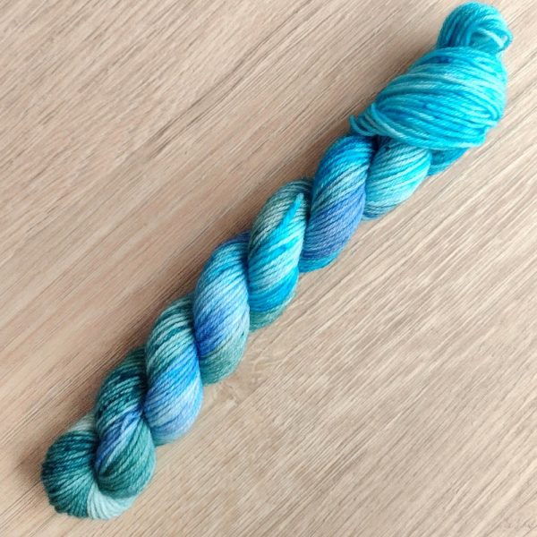 hand dyed yarn 20g 4 ply mini skein. blue, green and teal with speckles called Mossy Stream