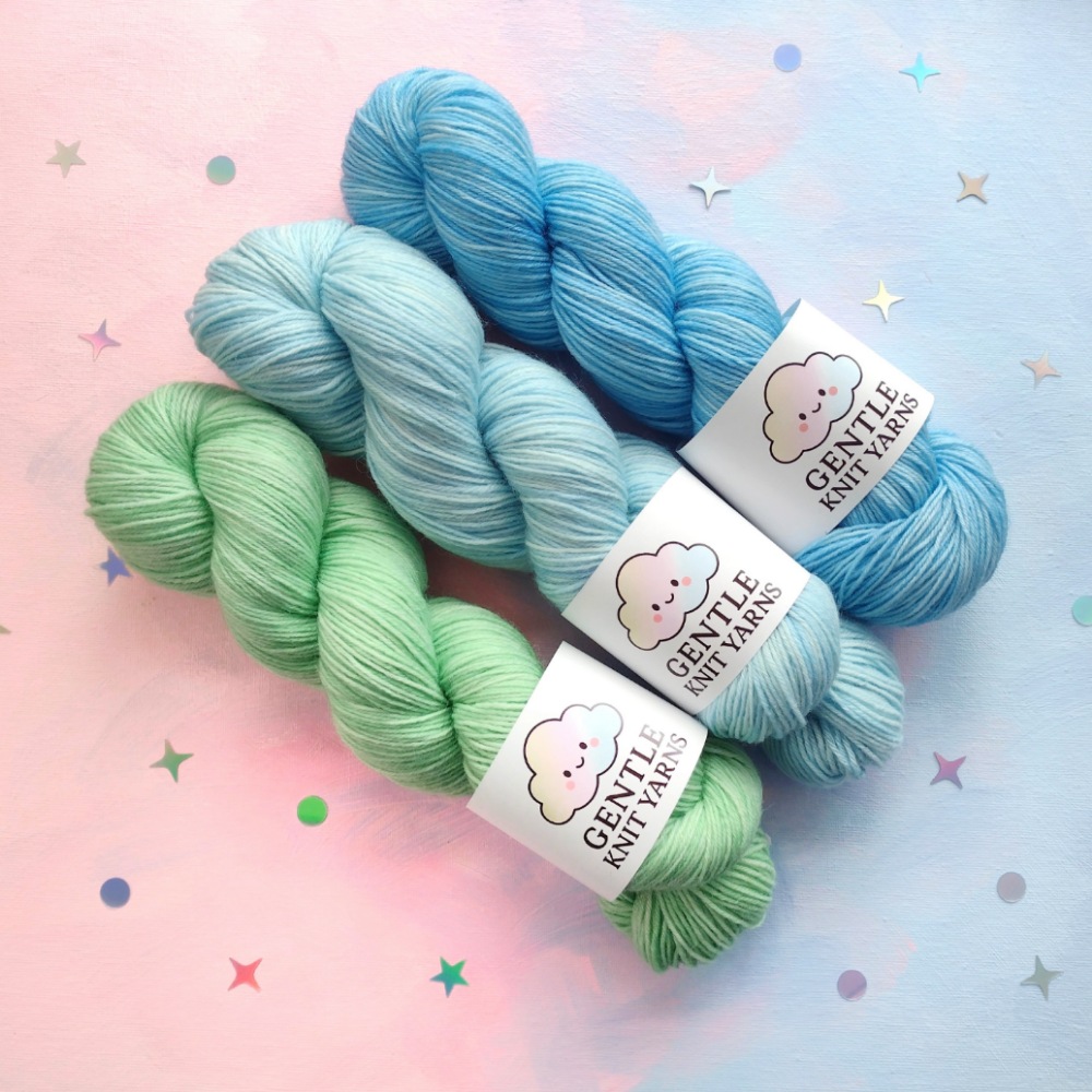 hand dyed yarn trio of green and blues 4 ply yarn