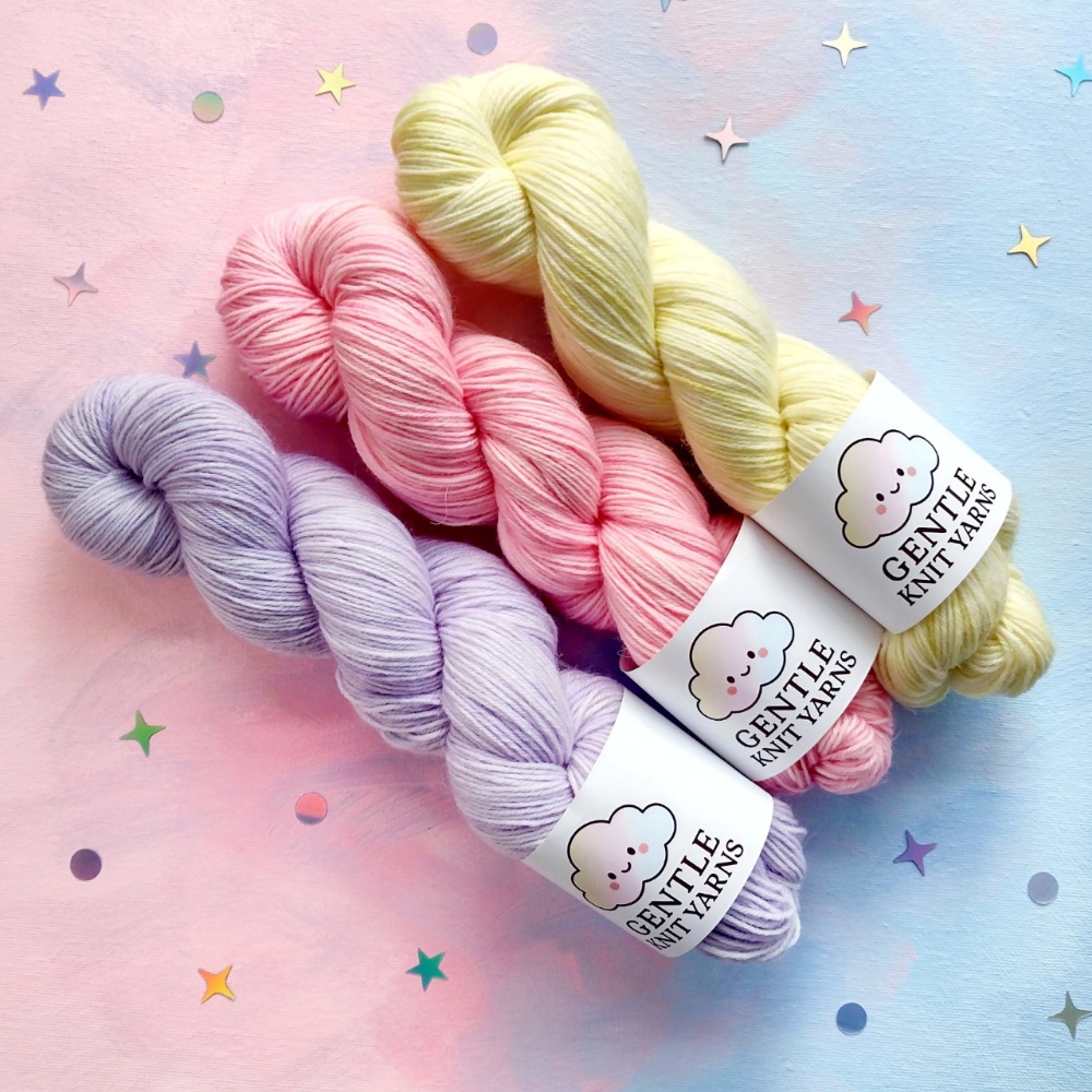 hand dyed yarn trio of lilac pink and lemon 100g 4 ply yarn
