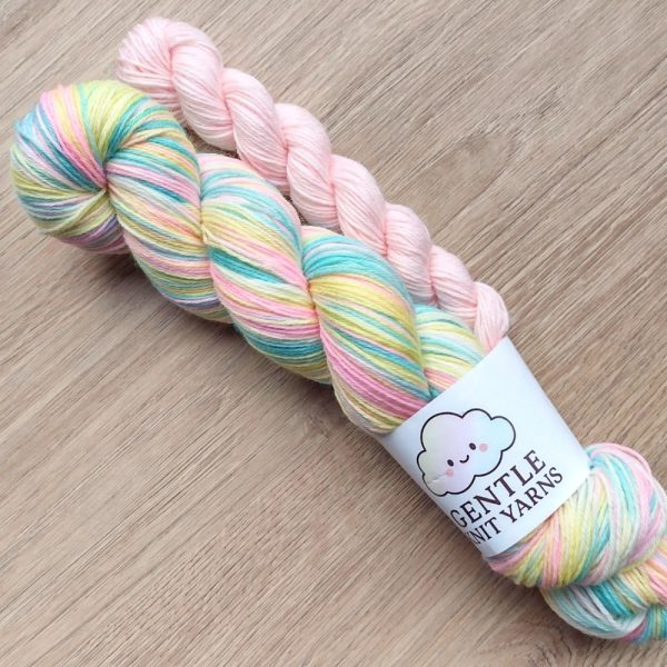 pastel rainbow 100g with pastel pink 20g mini skein 4 ply