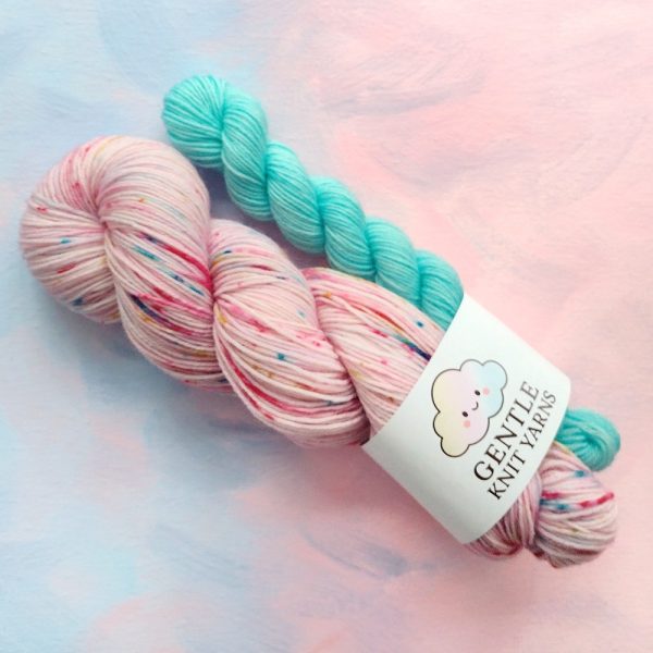 hand dyed yarn 4 ply sock set pink with multi sprinkles with aqua mini called Birthday cake