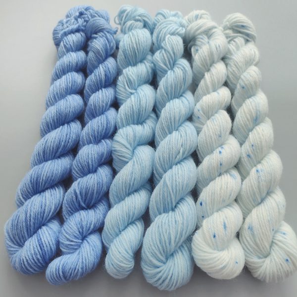 hand dyed yarn 4 ply 6 x 20g mini skeins in shades of blue called Bluebell Mini Pack