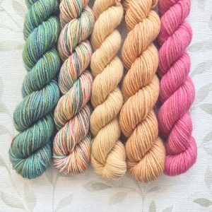 hand dyed 4 ply mini skein set called Painted Garden 5 x 20g minis in shades of yellow green and pink