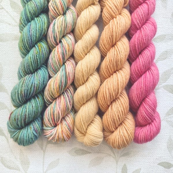 hand dyed 4 ply mini skein set called Painted Garden 5 x 20g minis in shades of yellow green and pink