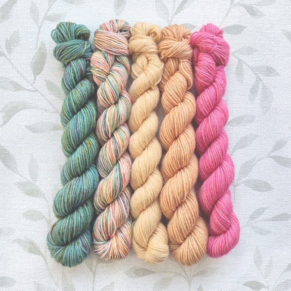 hand dyed 4 ply mini skein set called Painted Garden 5 x 20g minis in shades of yellow green and pink