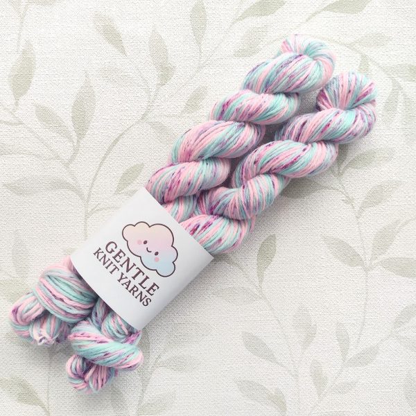 Hand dyed 4 Ply 2 x 20g Mini skeins in shades of pink and aqua with pink, blue and plum speckles called Aqua Pink Speckle.