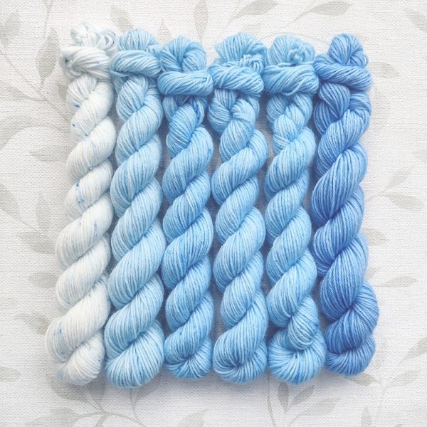 hand dyed 4 ply mini skein set of 6 x 20g in shades of blue called Blue Sky