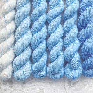 hand dyed 4 ply mini skein set of 6 x 20g in shades of blue called Blue Sky