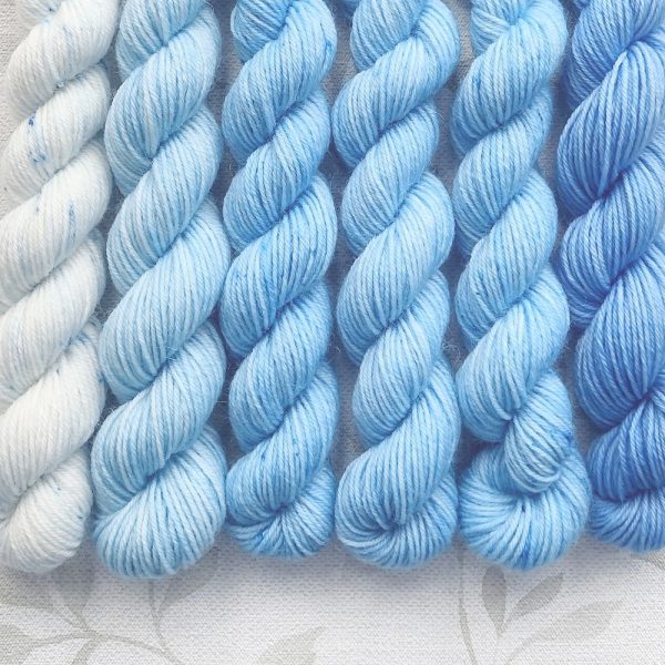 hand dyed 4 ply mini skein set of 6 x 20g in shades of blue called Blue Sky