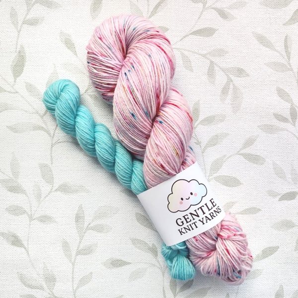 hand dyed 4 ply 100g +20g mini sock set in shades of pink with rainbow speckles with aqua mini called Birthday Cake.