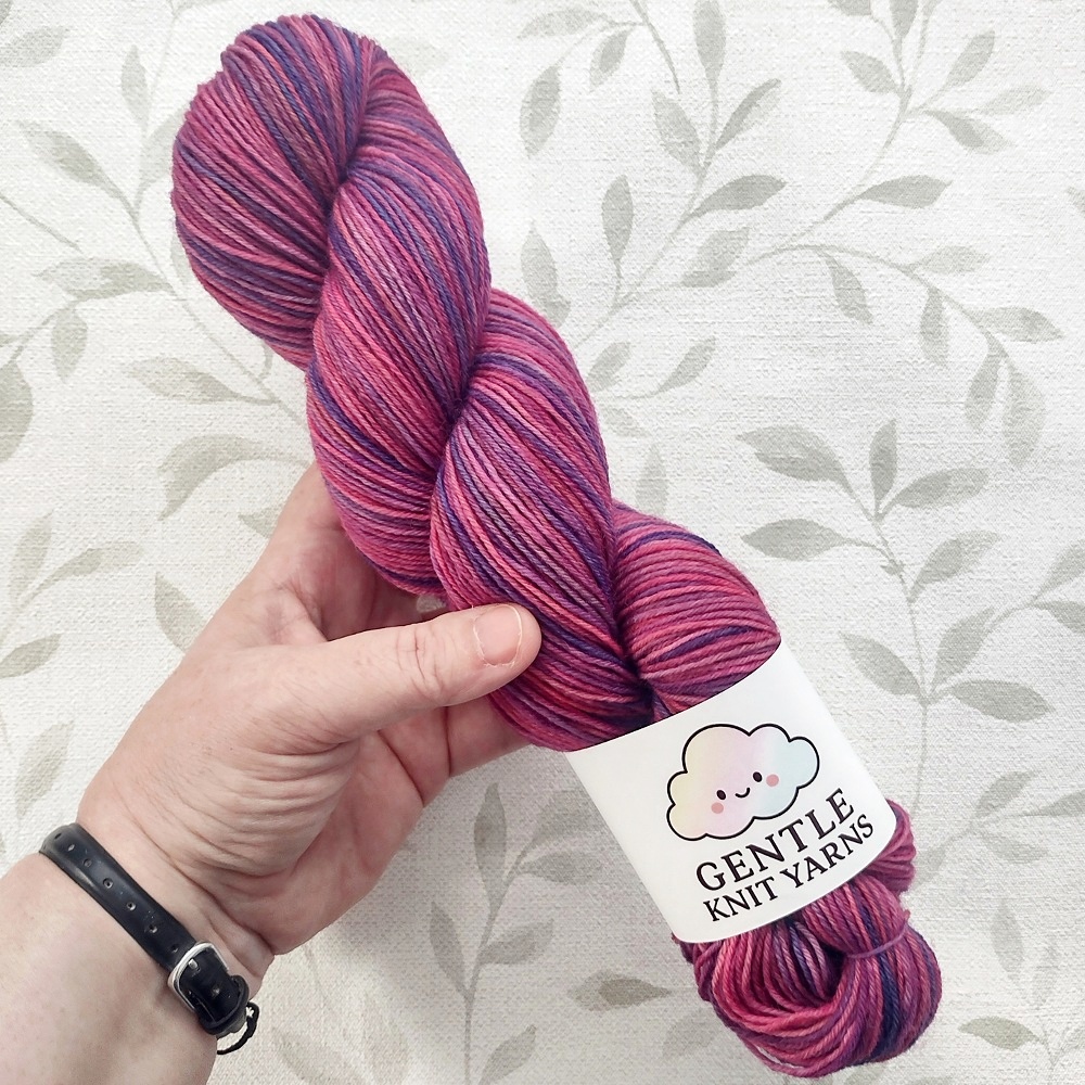 hand dyed 4 ply 100g in shades of plum, pink ,purple called Berry Harvest