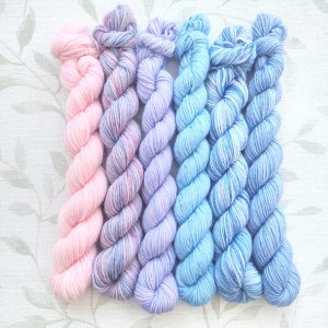 4 ply hand dyed yarn mini set of 6 x 20g skeins in pastel pink lilac and blue shades. Mini Set called Azalea Bouquet.