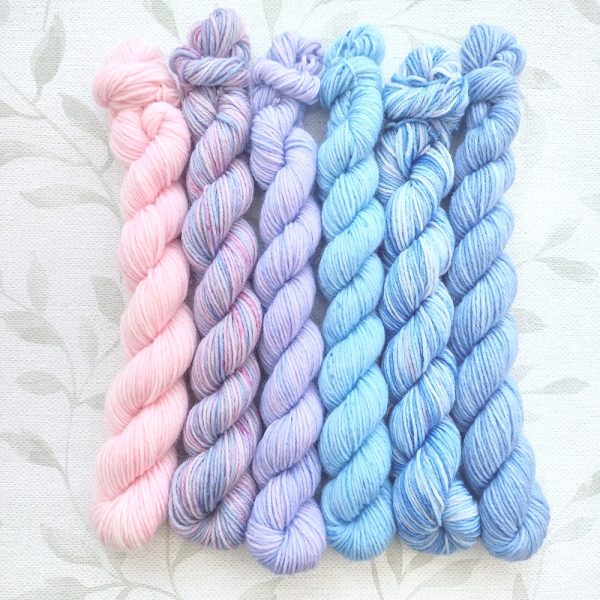 4 ply hand dyed yarn mini set of 6 x 20g skeins in pastel pink lilac and blue shades. Mini Set called Azalea Bouquet.