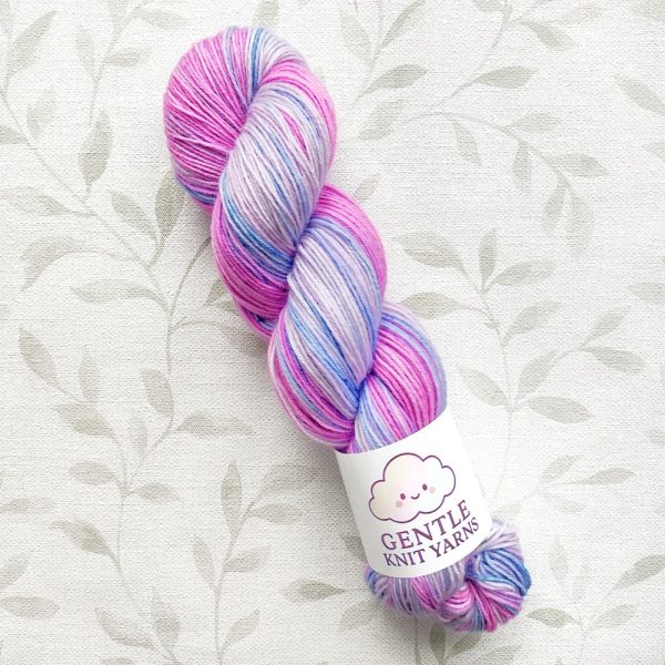 hand dyed 4 ply yarn 100g in shades of pink blue and lilac called Pink Blue Bouquet.