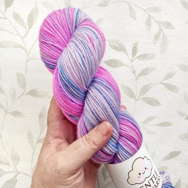 hand dyed 4 ply yarn 100g in shades of pink blue and lilac called Pink Blue Bouquet.