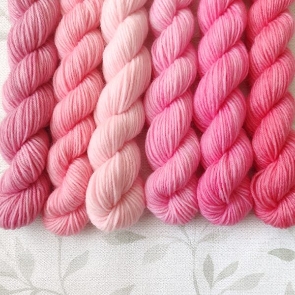 hand dyed 4ply x 20g mini skeins in shades of pink, set called Pink Roses mini set.