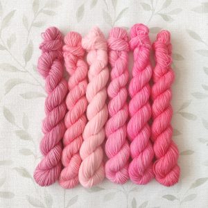 hand dyed 4ply x 20g mini skeins in shades of pink, set called Pink Roses mini set.