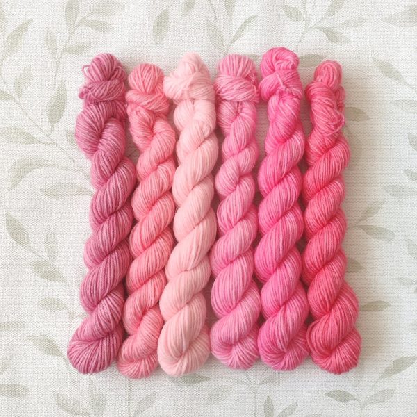 hand dyed 4ply x 20g mini skeins in shades of pink, set called Pink Roses mini set.