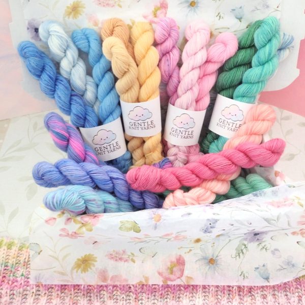 hand dyed 20g 4 ply mystery bundle gift box of 6, 9 or 12 skeins in a variety of hand picked colours.
