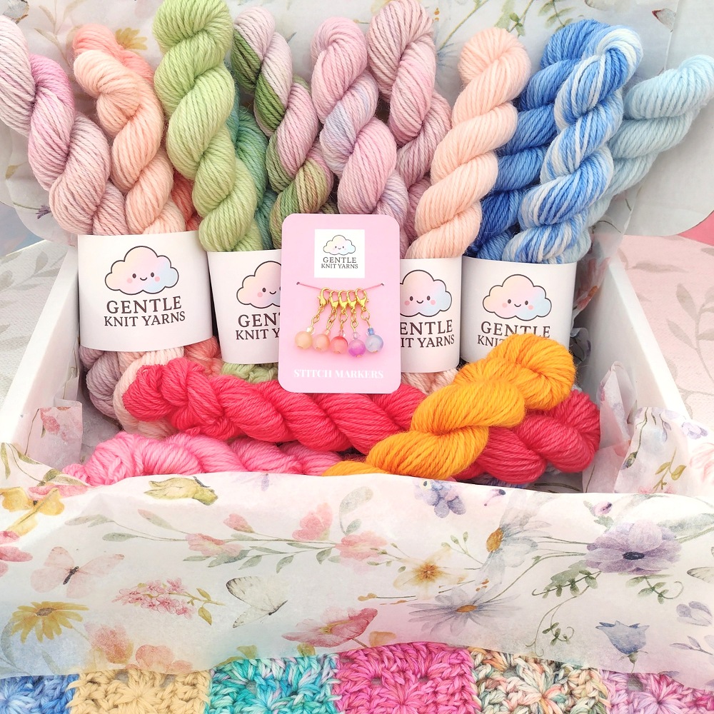 hand dyed yarn DK Mystery yarn bundles. 20g skeins in sets of 6,9 or 12 skeins. bundles are in a gift box and include small free gifts.