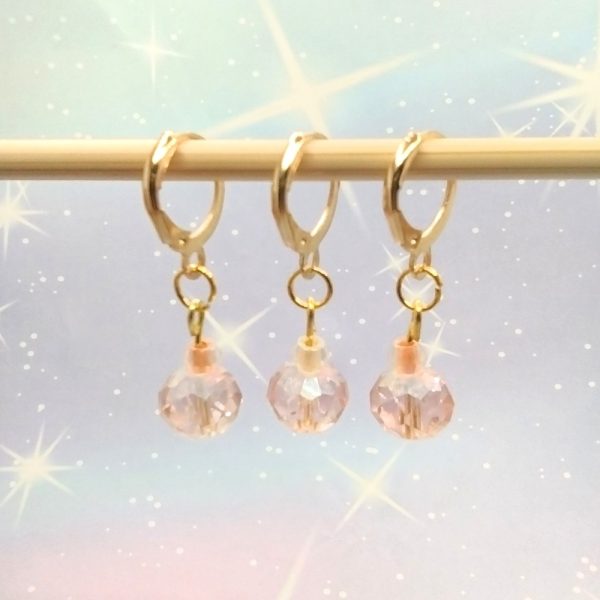 3 x stitch markers, gold finish with pink crystal beads and round lever clasp called Pink Crystal.