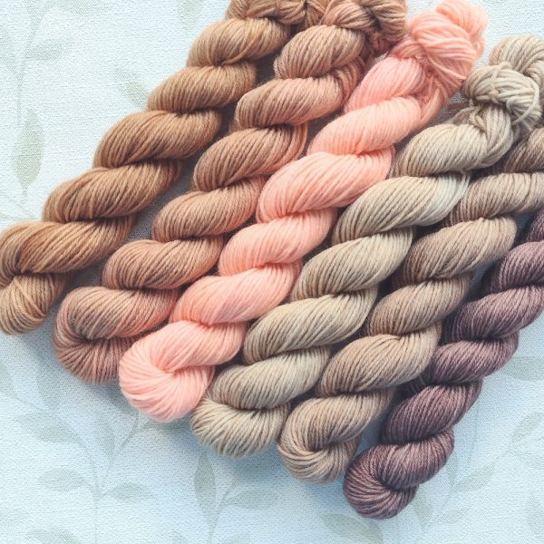 hand dyed 4 ply mini skein set of 6 x 20g minis. In shades of warn and cool soft browns called Soft Browns.