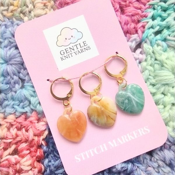 Hand made set of 3 stone heart shaped stitch markers with gold effect ring lever clasp and fittings.