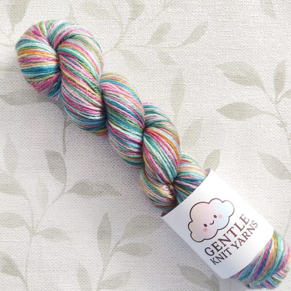 Hand dyed 4 Ply 50g silk/Merino blend yarn in muted rainbow colours called Muted Silky Rainbow.
